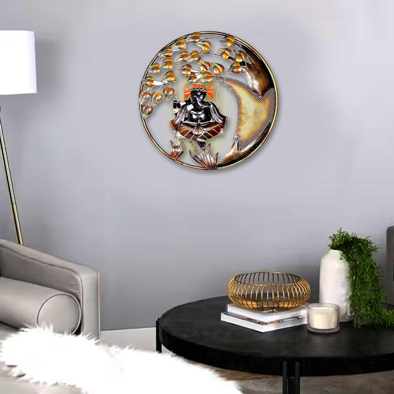 Iron Ganeshji on swing playing flute Wall Hanging (20 inch diameter)