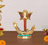 Brass modern Ganesha idol statue, hands raised, red bead necklace and turquoise base