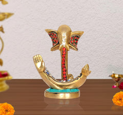 Brass modern Ganesha idol statue, hands raised, red bead necklace and turquoise base