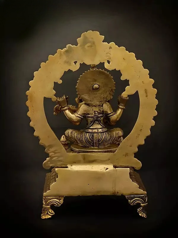 Brass Goddess Saraswati Statue Seated on an Elevated Plinth 13 inches