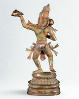 Bronze Hanuman sculpture back view, raised arms and decorative headdress, 18 in tall.