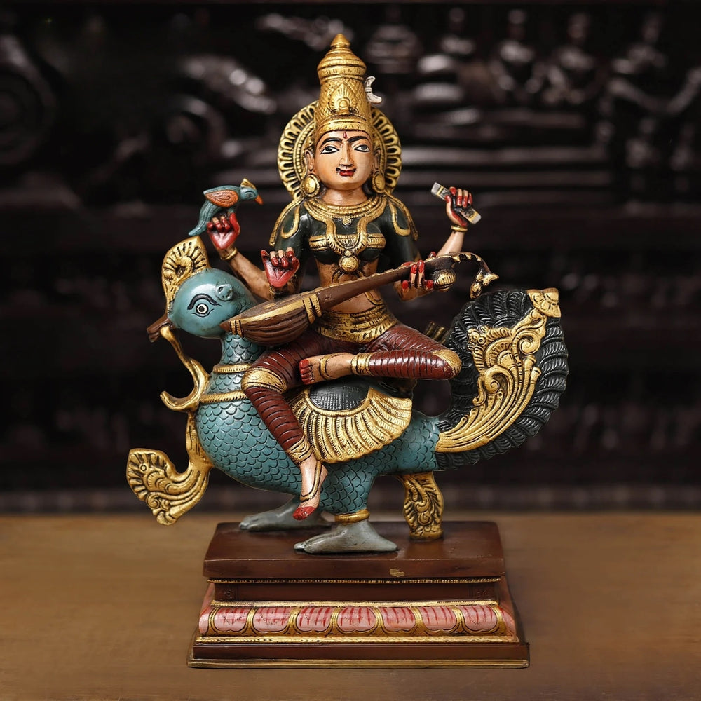 Brass Handcrafted Goddess Maa Saraswati seated Sculpture (Height :19 Inches)