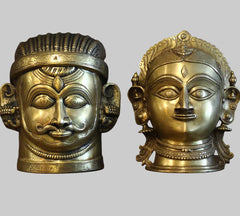 Brass Shiva and Gauri head sculpture, two-tone gold and silver finish, full head design