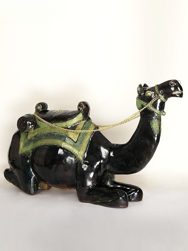 Brass Large Black and Green Sitting Camel Sculpture (Height :64 Inches) Study Setting