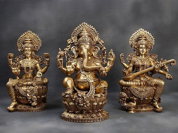 Brass Set of Lakshmi, Ganesha and Saraswati Idol (Height: 26 Inches)