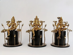 Brass Statue Set of Lakshmi, Ganesha, and Saraswati – Ideal for Temple Worship 28 cm