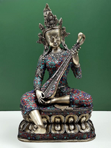 Saraswati idol: seated brass statue with veena, ornate inlay, 22 in
