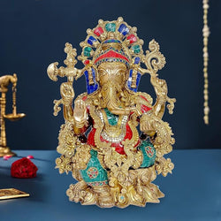 Brass Ganesha Mangalkari Statue Idol On Lotush with Frame and Beautiful Stone Work | Height : 16 Inches