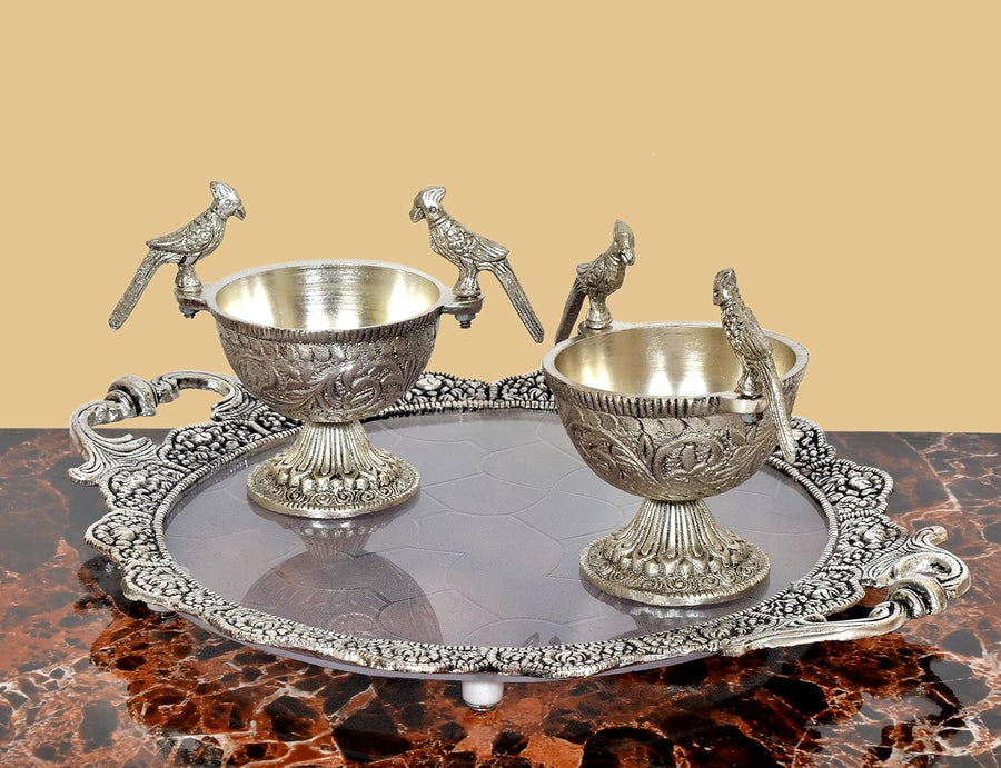German Silver Parrot Dry Fruit Bowl with Tray Silver Polish (Height: 5 inch) Craft Detail