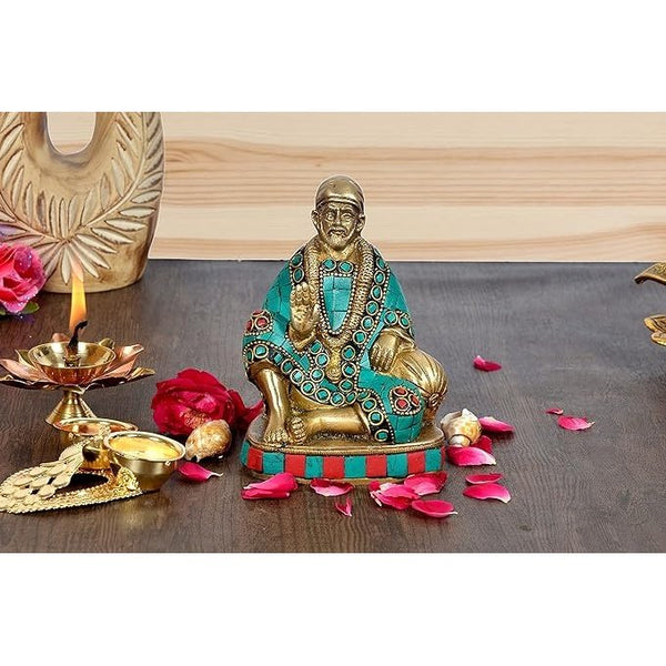 Brass Shirdi Wale Sai Baba Statue Idol Sai Baba Stone Work Height 5 Inch Mandir Setting