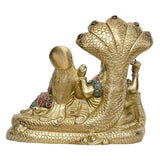 Brass SheshNaag idol base with Vishnu and Lakshmi figures, relief scales, height 6.4 in
