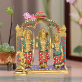 Brass Ram Darbar statue idol with three golden figures, colorful red/blue attire, arched frame