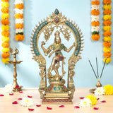 Brass Shiva dancing idol, multicolor accents, teal halo, ornate base, 17.5 in