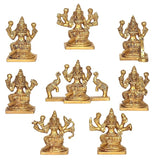 Pack of 8 Astha Lakshmi Devi idols, gold tone, multiple seated poses