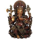 AONA brass Ganesha murti, red tone, seated multi-armed idol with crown, 16 inch