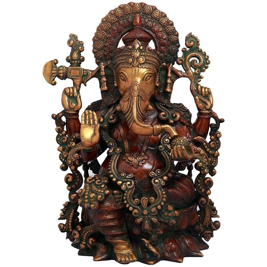 AONA brass Ganesha murti, red tone, seated multi-armed idol with crown, 16 inch