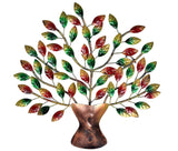 Iron tree metal wall decor, bronze trunk with red-green leaf accents and thin branches