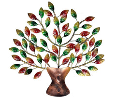 Iron tree metal wall decor, bronze trunk with red-green leaf accents and thin branches