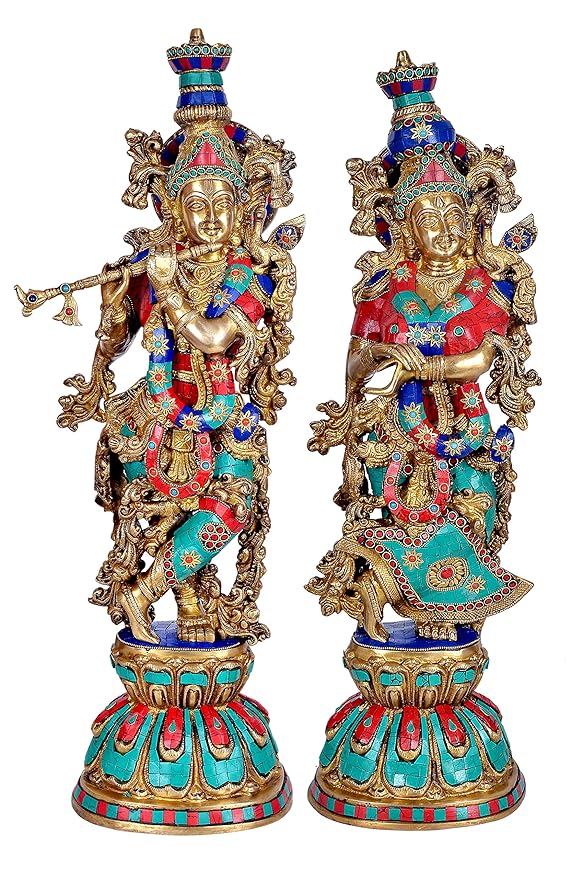 Brass Radha Krishna Idol Statue Sculpture Showpiece for Home Warming Decor Living Room Puja Mandir Office Multicolour Height 26 Inches