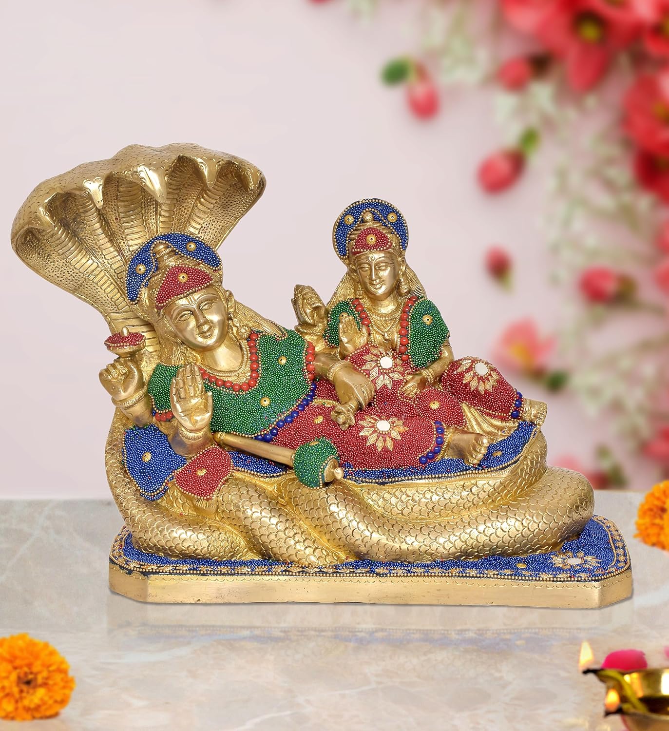 Brass Maa Lakshmi with Lord Vishnu On Sheshnag Idol Statue for Home Decor Mandir Pooja (Height 11 Inch)