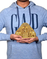 Brass Lakshmi-Ganesh idol held in hands, ornate relief, 4.5 inch