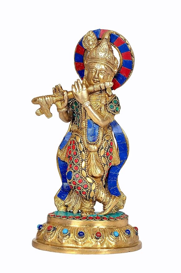 Brass Krishna Statue Idol Playing Flute with Frame for Home Decor | Height : 8.5 Inches (Multi Stone)