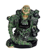 Laughing Buddha figurine with ornate robe, gold face and green accents, seated