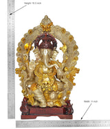 Brass Ganpati Bappa murti front view; height 16.5 in, detailed crown and red halo