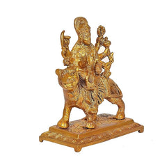 Durga on lion brass statue, forward view of seated goddess with detailed armor