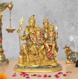 Brass Shiv Parivar idol with trident, family figures, colorful inlay, round base