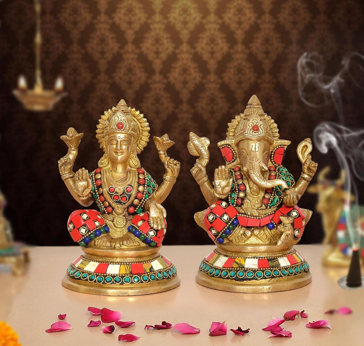 Brass Lakshmi Ganesh statue pair, multicolor jeweled inlay, seated with raised hands