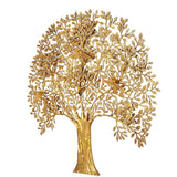 Golden brass tree wall hanging, full canopy with ornate leaf cluster and textured trunk