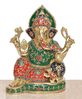 Seated Ganesh statue in brass, detailed green crown with multicolor beadwork