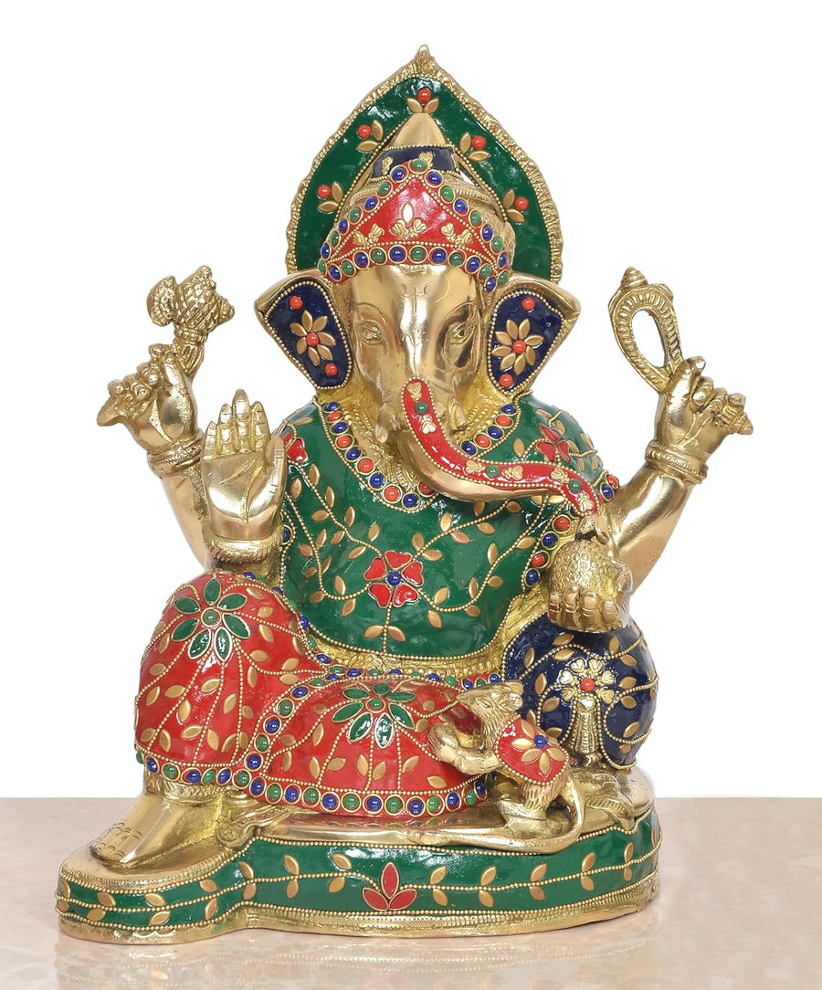 Brass Lord Ganesha Idol Sitting Ganesh Statue Decorative Sculpture for Home Decor Office Mandir Pooja Temple (Height 12Inch) Craft Detail