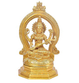 Brass Lakshmi statue seated with halo arch, raised hands, intricate crown and jewelry