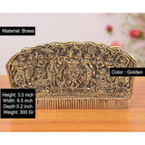 AONA brass comb, 3.5 in, golden with Radha Krishna and gopis relief