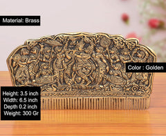 Brass comb, golden finish, Radha Krishna and gopis figures with comb teeth