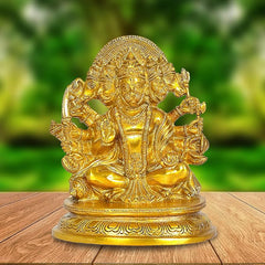Golden brass Panchmukhi Hanuman idol figurine, seated with five faces and raised hands