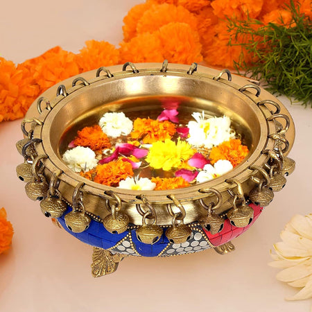 Brass Urli Ethnic Bowl with Bells Multicolour (Height : 3.5 Inches)