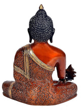 Brass Gautam Buddha idol back view, Bhumisparsha pose, carved robe patterns and base