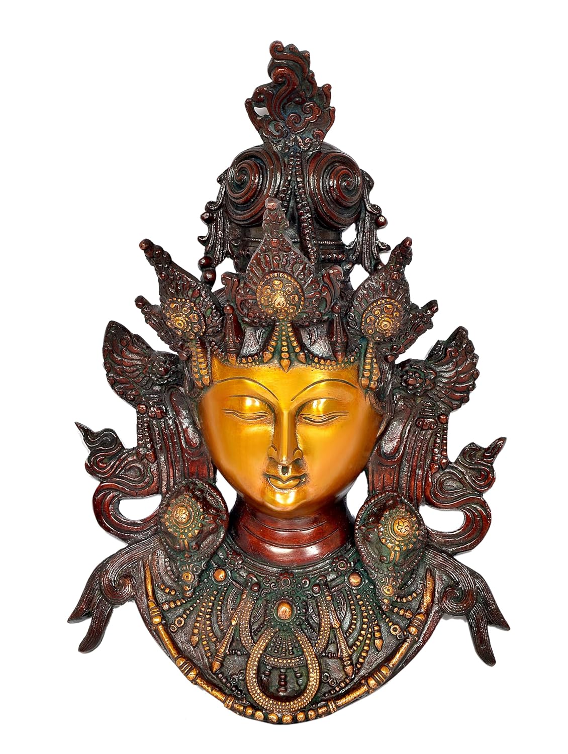 Brass Goddess Tara Wall Hanging Mask (Tibetan Buddhist Deity) Decor for Spiritual Ambiance in Home or Office (Height : 16 inch)