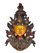 Brass Tara wall hanging mask, golden face with ornate headdress and halo details