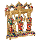 Ram Darbar brass statue idol, three figures with enamel patterns and jeweled blue arches
