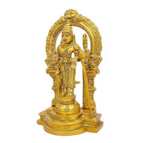 Brass Kartik idol with detailed peacock arch, one hand raised, carved pedestal base
