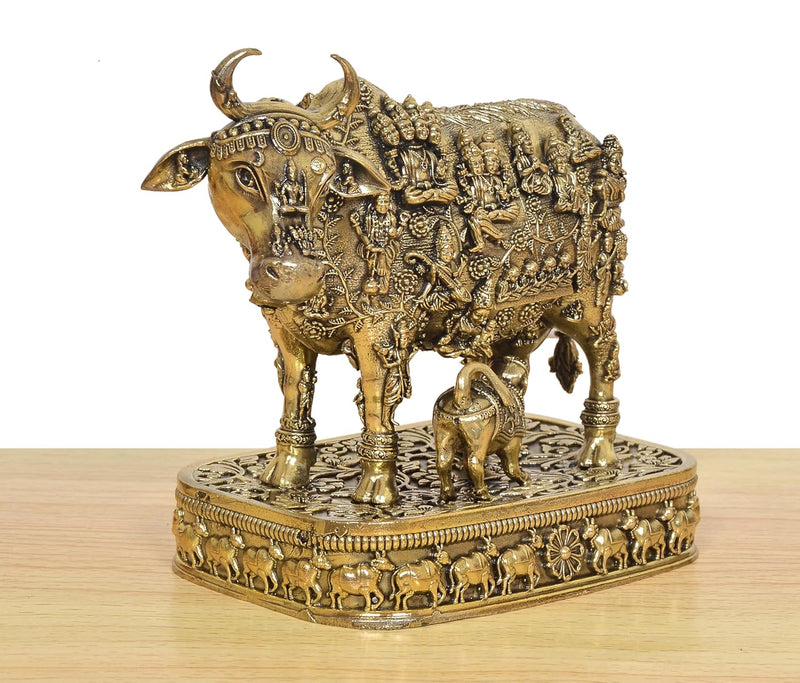 Bronze Kamdhenu Cow with Calf God Figure Murti (Height: 4 Inch)