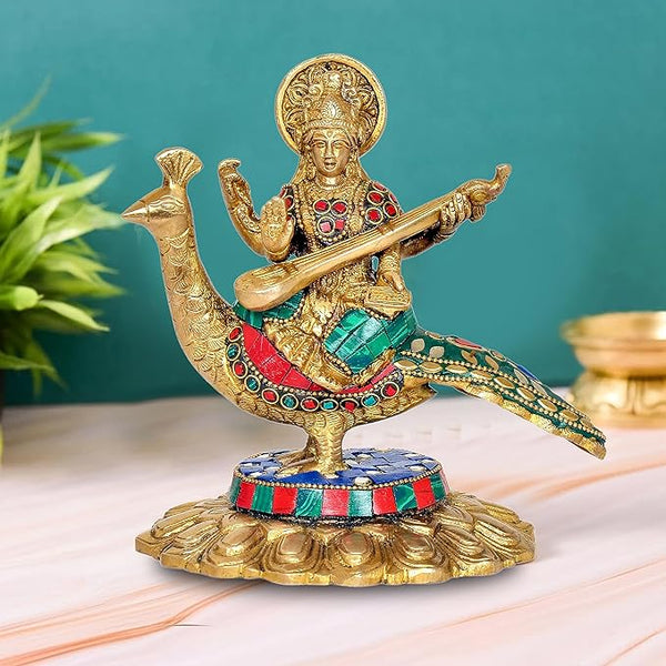 Brass Saraswati Statue Idol On Swan Playing Sitar for Home Decor | Height : 7 Inches (Multi Green) Mandir Setting