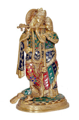 Radha-Krishna Messing-Idolstatue, seitliche Ansicht mit goldenen Ornamenten und farbigen Tüchern