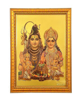 Gold-framed Shiv Parivar foil wall poster, detailed seated Shiv and Parvati with family