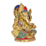 Back view 7-inch brass Ganesha statue with colorful gem inlays and detailed arms