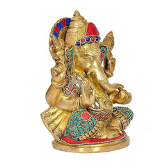 Back view 7-inch brass Ganesha statue with colorful gem inlays and detailed arms